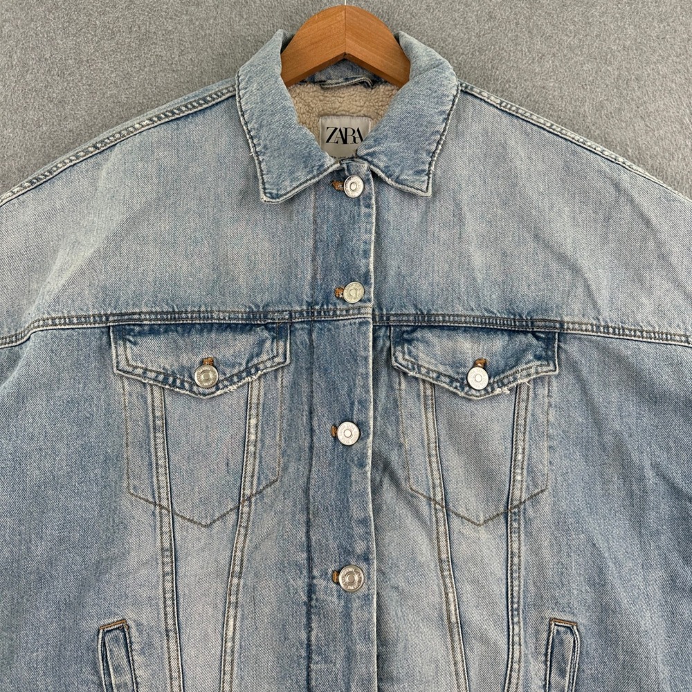 Zara Denim Jacket Women M Blue Join Life Faux Shearling‎ Lined Oversized Trucker